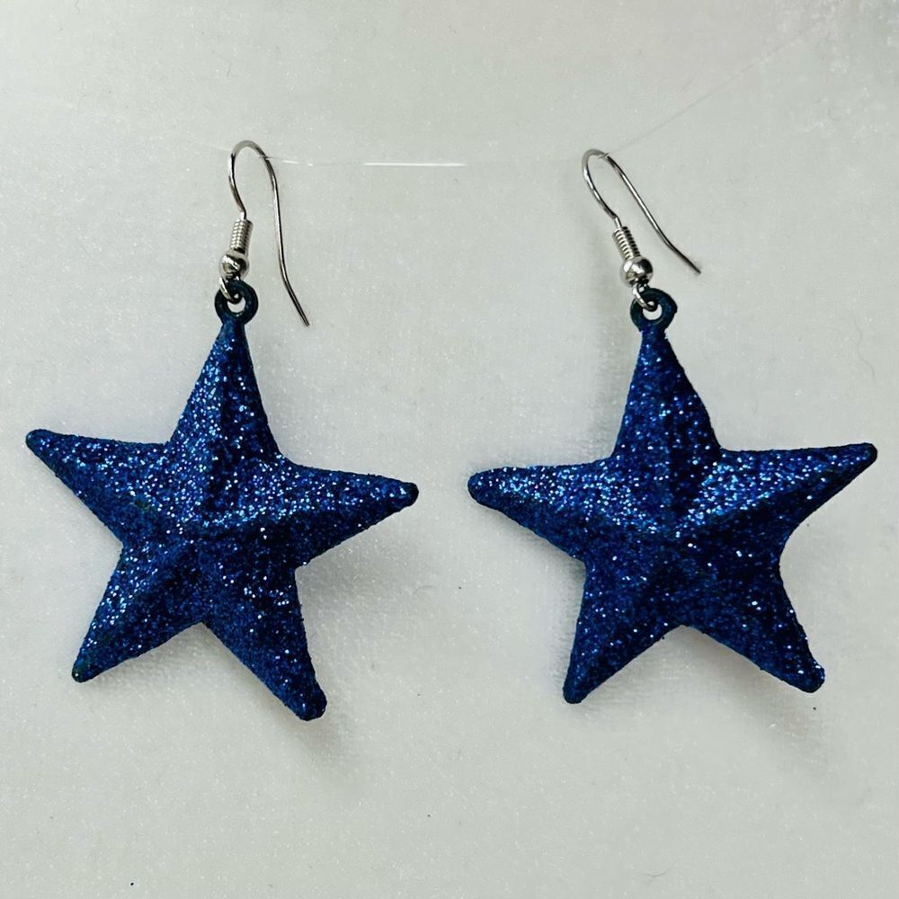 Blue Glitter Star Dangle Earrings - Picture 3 of 3